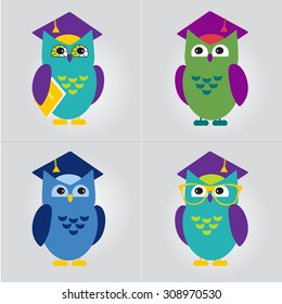 Owl in Graduate Hat illustration. Educational icon template set. School, pre-school, after-school kid activities, back to school, book club or library concept. Sample text. Layered editable