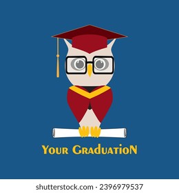 Owl in a graduate hat, master cap holds a graduate certificate, paper roll, scroll document, diploma in paws. Vector owl character in professors or teachers mortar