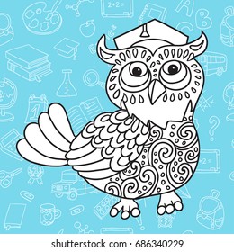 Owl in Graduate Hat on background of the school pattern. Back to School.