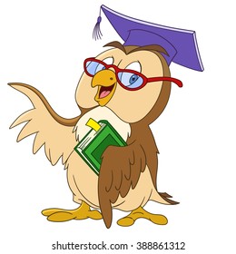 Owl in graduation cap and glasses. Education concept. Cartoon character isolated on white background. Colorful design for kids activity book, coloring page, colouring picture. Vector illustration for 