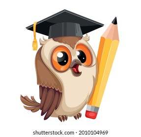 Owl in graduation cap holding big pencil