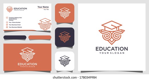 Owl in graduation cap on pencil linear icon. Education. Thin line illustration. School. Emblem of wisdom and knowledge. Contour symbol. Raster isolated outline drawing. and business card design