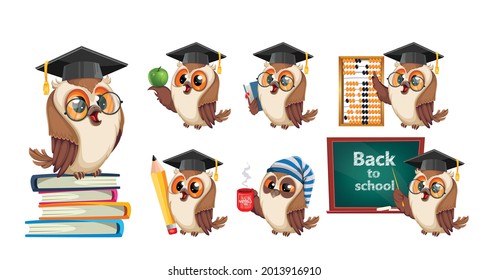 Owl in graduation cap, set of seven poses