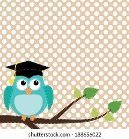 Owl with graduation cap sitting on branch, for scrapbooking, vector format on transparent background.