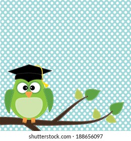 Owl with graduation cap sitting on branch, for scrapbooking, vector format on transparent background.