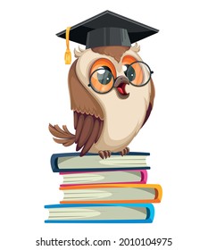 Owl in graduation cap sitting on a heap of books