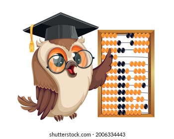 Owl in graduation cap standing near abacus