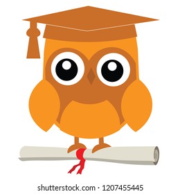 Owl graduation icon hat on head sitting on diploma education certificate intelligent