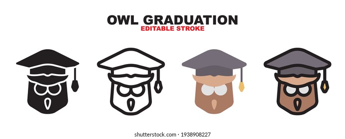 Icono de graduación de búho con estilos diferentes. Iconos vectoriales de color diseñados en relleno, contorno, plano, glifo y línea. Actrazo editable y píxel perfecto. Se puede usar para web, móvil, ui y más.