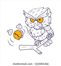 Сartoon owl in graphic style, sitting on a branch in a state of sleep, the alarm clock is ringing next to it, showing the end time of the "night life"