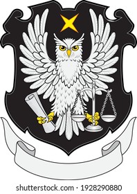 The owl is gray on a black coat of arms with a ribbon under it. Vector illustration in black and white. 