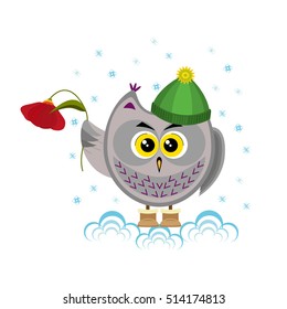 The owl in a green hat, costs in a snowdrift, holds a red flower.The vector illustration isolated on a white background.