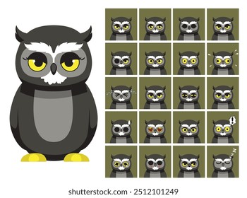 Owl Grey Horn Cartoon Emotion faces Vector Illustration