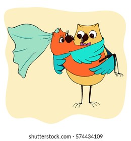owl groom holds the bride in his arms, Bridal veil flying in the wind