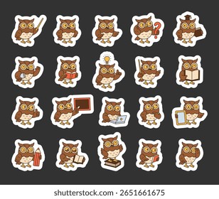 Owl guide character set showing various educational activities like reading books teaching lessons giving advice and using modern learning tools for yours designs projects