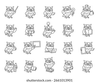 Owl guide character set showing various educational activities like reading books teaching lessons giving advice and using modern learning tools for yours designs projects
