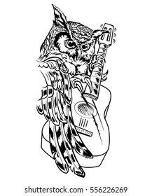 Owl with guitar, vector hand drawn ink pen illustration, tattoo.