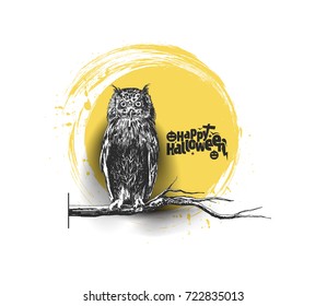 Owl Halloween background , Hand Drawn Sketch Vector .