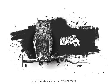 Owl Halloween background , Hand Drawn Sketch Vector .