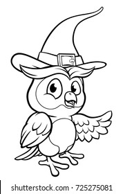 An owl Halloween cartoon character wearing a witch hat and pointing with his wing