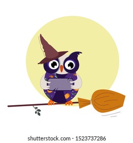 Owl for halloween very funny positive with a sign for inscriptions.Halloween sticker moon with brooms.