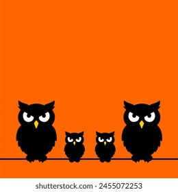 owl halloween wallpaper with black space. scary owl. cute owl. hallowen element poster. orange backgrund editable in eps.
