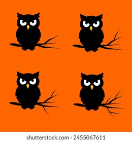 owl halloween wallpaper. owl in branches. scary owl. cute owl. hallowen element poster. orange backgrund editable in eps.