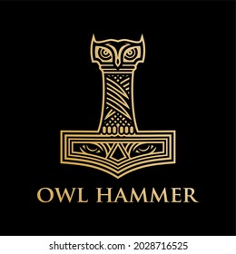 Plantilla vectorial del logotipo de Owl Hammer Athena, elemento de diseño para logotipo, afiche, tarjeta, pancarta, emblema, camiseta. Ilustración del vector