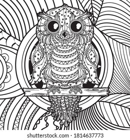 Owl. Hand drawn abstract pattern on isolated background. Design for spiritual relaxation for adults