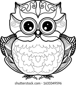 Owl hand drawn black line style, funny doodle, vector Illustration, anti stress coloring page for coloring book and can be use for t-shirt, logo, invitation, greeting card, fashion