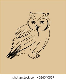 Owl hand drawn, black and white isolated vector illustration