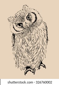 Owl hand drawn, black and white isolated vector illustration