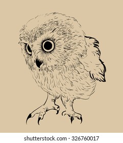 Owl hand drawn, black and white isolated vector illustration
