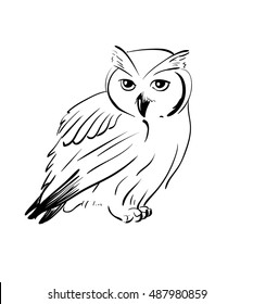 Owl hand drawn, black and white isolated vector illustration