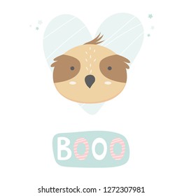 Owl hand drawn face. Vector character. Baby print, textile, book, baby shower template card