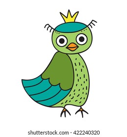 Owl hand drawn, green color, white isolated vector illustration.