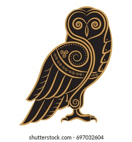 Owl hand-drawn in Celtic style, isolated on white, vector illustration