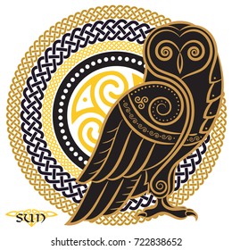 Owl hand-drawn in Celtic style, on the background of the Celtic sun ornament, isolated on white, vector illustration