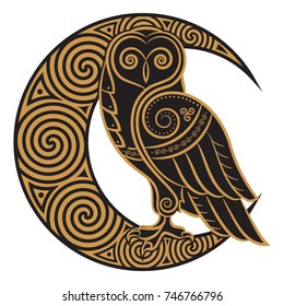 Owl hand-drawn in Celtic style, on the background of the Celtic moon ornament, isolated on white, vector illustration