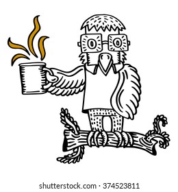 Owl hanging on the tree branch and take the coffee cup , Doodle cartoon vector design
