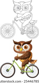 An owl happily cycling on a green bike