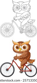 An owl happily cycling on a red bicycle