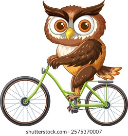 An owl happily rides a green bicycle