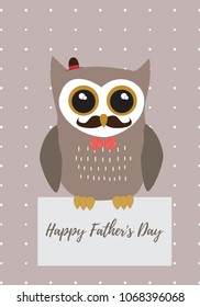 Owl Happy Father's Day in brown with black,white and gold metallic colors palette vector illustration card template on a dot pattern background