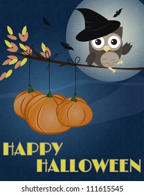 Owl Happy Halloween/Little brown owl with witch hat on, sitting on branch as it was broom, with pumpkins and happy Halloween text