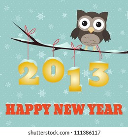 Owl Happy new year 2013/Little brown owl on branch and snowy 2013 happy new year text