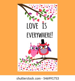 Owl Happy Valentines Day Vertical Flyer Vector Illustration