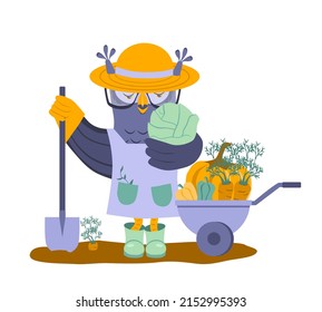 Owl in a hat and boots holds a cabbage and a shovel. There are carrots, peppers and pumpkin in the cart nearby. The owl is harvesting. Cartoon vector illustration, isolated on white background.