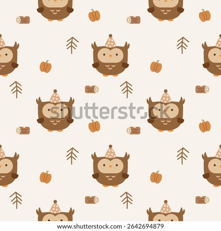 Owl and hat cartoon so cute. On tree log pumpkin background. Pattern seamless vector illustration. 