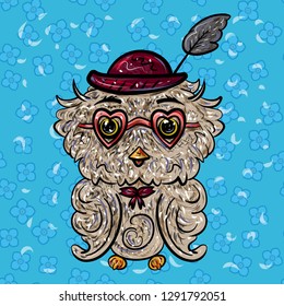 Owl in a hat with a feather and glasses with hearts. Valentines Day. Cartoon vector illustration on a blue background with flower